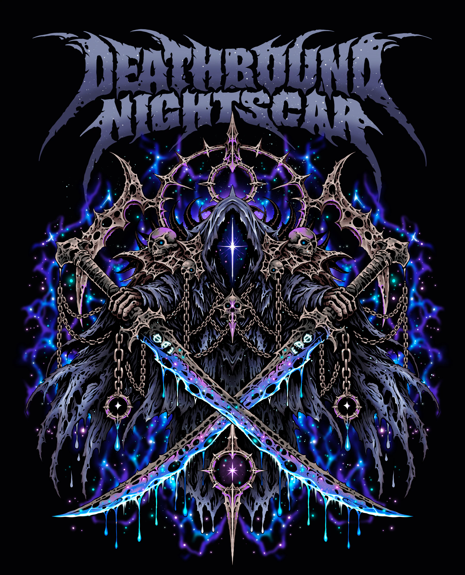 Offizielles DEATHBOUND-NIGHTSCAR-Artwork mit einer verhüllten Gestalt, kosmischen Klingen und knöchernen Ornamenten.